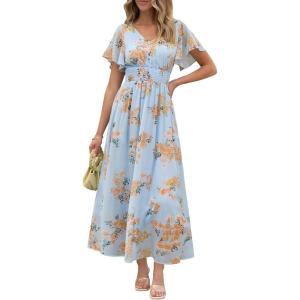 image:imageANRABESS Womens Summer Floral Maxi Dress Casual V Neck Short Sleeve Chiffon Boho Flowy Beach 2026 Wedding Guest Long DressesOrange Floral Print