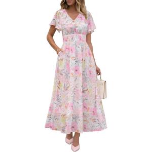 image:imageANRABESS Womens Summer Floral Maxi Dress Casual V Neck Short Sleeve Chiffon Boho Flowy Beach 2026 Wedding Guest Long DressesPink Flor