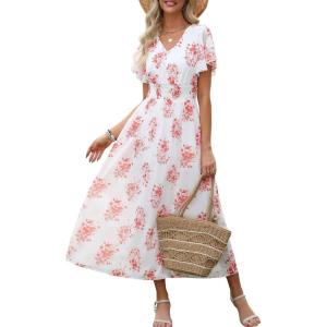image:imageANRABESS Womens Summer Floral Maxi Dress Casual V Neck Short Sleeve Chiffon Boho Flowy Beach 2026 Wedding Guest Long DressesRed Flor