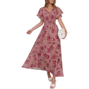 image:imageANRABESS Womens Summer Floral Maxi Dress Casual V Neck Short Sleeve Chiffon Boho Flowy Beach 2026 Wedding Guest Long DressesRose Red Flor