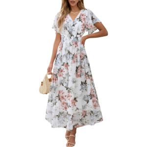 image:imageANRABESS Womens Summer Floral Maxi Dress Casual V Neck Short Sleeve Chiffon Boho Flowy Beach 2026 Wedding Guest Long DressesWhite Flor