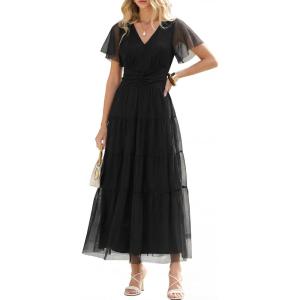 image:imageANRABESS Womens Summer Floral Maxi Dress Short Sleeve Flowy Tulle Wedding Guest Beach Vacation 2026 Spring Party Long DressesBlack