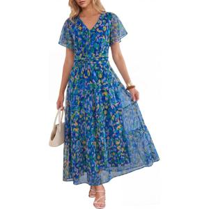 image:imageANRABESS Womens Summer Floral Maxi Dress Short Sleeve Flowy Tulle Wedding Guest Beach Vacation 2026 Spring Party Long DressesBlue Yellow Floral