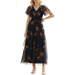 image:imageANRABESS Womens Summer Floral Maxi Dress Short Sleeve Flowy Tulle Wedding Guest Beach Vacation 2026 Spring Party Long DressesBrown Floral Dark Blue