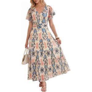 image:imageANRABESS Womens Summer Floral Maxi Dress Short Sleeve Flowy Tulle Wedding Guest Beach Vacation 2026 Spring Party Long DressesCream Navy Floral
