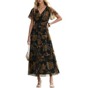 image:imageANRABESS Womens Summer Floral Maxi Dress Short Sleeve Flowy Tulle Wedding Guest Beach Vacation 2026 Spring Party Long DressesFloral Black Yellow