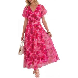 image:imageANRABESS Womens Summer Floral Maxi Dress Short Sleeve Flowy Tulle Wedding Guest Beach Vacation 2026 Spring Party Long DressesHot Pink Floral