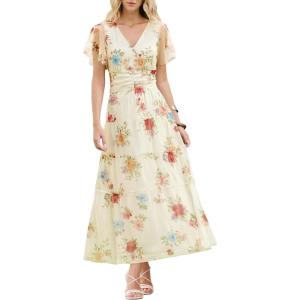 image:imageANRABESS Womens Summer Floral Maxi Dress Short Sleeve Flowy Tulle Wedding Guest Beach Vacation 2026 Spring Party Long DressesMulticolored Rose Apricot