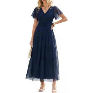 image:imageANRABESS Womens Summer Floral Maxi Dress Short Sleeve Flowy Tulle Wedding Guest Beach Vacation 2026 Spring Party Long DressesNavy Blue