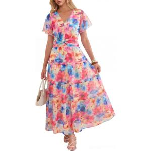 image:imageANRABESS Womens Summer Floral Maxi Dress Short Sleeve Flowy Tulle Wedding Guest Beach Vacation 2026 Spring Party Long DressesPink Blue Floral