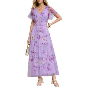 image:imageANRABESS Womens Summer Floral Maxi Dress Short Sleeve Flowy Tulle Wedding Guest Beach Vacation 2026 Spring Party Long DressesPurple Rose