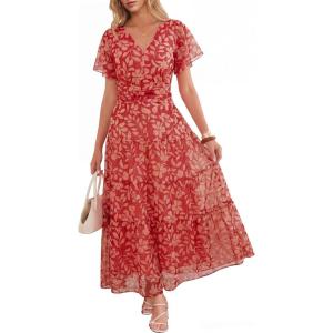 image:imageANRABESS Womens Summer Floral Maxi Dress Short Sleeve Flowy Tulle Wedding Guest Beach Vacation 2026 Spring Party Long DressesRed White Floral