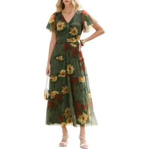 image:imageANRABESS Womens Summer Floral Maxi Dress Short Sleeve Flowy Tulle Wedding Guest Beach Vacation 2026 Spring Party Long DressesRed and Yellow Rose