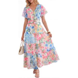 image:imageANRABESS Womens Summer Floral Maxi Dress Short Sleeve Flowy Tulle Wedding Guest Beach Vacation 2026 Spring Party Long DressesWhite Blue Pink Floral