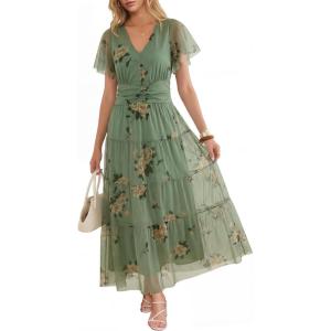 image:imageANRABESS Womens Summer Floral Maxi Dress Short Sleeve Flowy Tulle Wedding Guest Beach Vacation 2026 Spring Party Long DressesYellow Floral Green