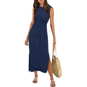 image:imageANRABESS Womens Summer Maxi Dress Casual Crew Neck Tie Waist Split WrinkleFree Fit Tank Long Vacation Dresses 2026 SpringNavy Blue