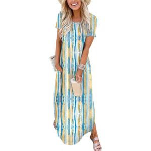 image:imageANRABESS Womens Summer Maxi Dress Short Sleeve Casual Loose Long T Shirt Dresses Split Vacation Beach Sundress Travel OutfitsBlue Ooange Ripples