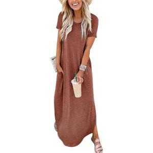 image:imageANRABESS Womens Summer Maxi Dress Short Sleeve Casual Loose Long T Shirt Dresses Split Vacation Beach Sundress Travel OutfitsBrown