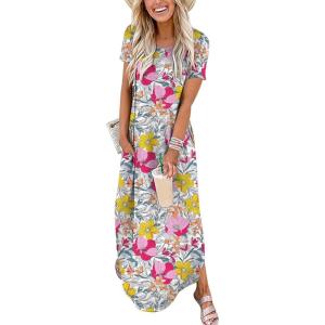 image:imageANRABESS Womens Summer Maxi Dress Short Sleeve Casual Loose Long T Shirt Dresses Split Vacation Beach Sundress Travel OutfitsFloral Blue Orange Pink