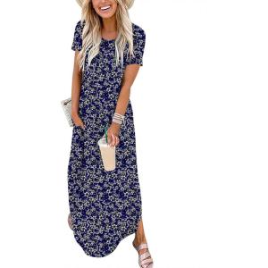 image:imageANRABESS Womens Summer Maxi Dress Short Sleeve Casual Loose Long T Shirt Dresses Split Vacation Beach Sundress Travel OutfitsFloral Blue White