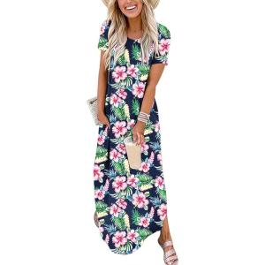 image:imageANRABESS Womens Summer Maxi Dress Short Sleeve Casual Loose Long T Shirt Dresses Split Vacation Beach Sundress Travel OutfitsFloral Green Pink