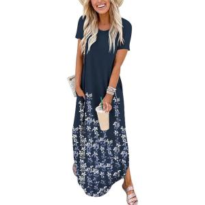 image:imageANRABESS Womens Summer Maxi Dress Short Sleeve Casual Loose Long T Shirt Dresses Split Vacation Beach Sundress Travel OutfitsFloral Navy Blue