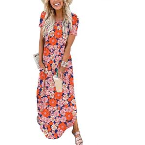 image:imageANRABESS Womens Summer Maxi Dress Short Sleeve Casual Loose Long T Shirt Dresses Split Vacation Beach Sundress Travel OutfitsFloral Orange Pink