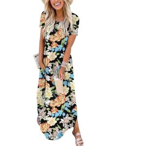 image:imageANRABESS Womens Summer Maxi Dress Short Sleeve Casual Loose Long T Shirt Dresses Split Vacation Beach Sundress Travel OutfitsFloral Orange Yellow