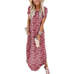 image:imageANRABESS Womens Summer Maxi Dress Short Sleeve Casual Loose Long T Shirt Dresses Split Vacation Beach Sundress Travel OutfitsFloral Red