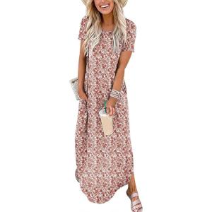 image:imageANRABESS Womens Summer Maxi Dress Short Sleeve Casual Loose Long T Shirt Dresses Split Vacation Beach Sundress Travel OutfitsFloral White Pink