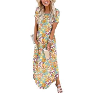 image:imageANRABESS Womens Summer Maxi Dress Short Sleeve Casual Loose Long T Shirt Dresses Split Vacation Beach Sundress Travel OutfitsFloral Yellow