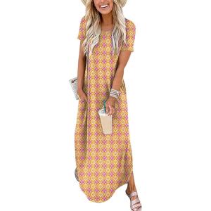 image:imageANRABESS Womens Summer Maxi Dress Short Sleeve Casual Loose Long T Shirt Dresses Split Vacation Beach Sundress Travel OutfitsFloral Yellow Purple