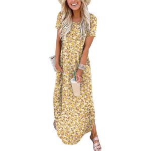 image:imageANRABESS Womens Summer Maxi Dress Short Sleeve Casual Loose Long T Shirt Dresses Split Vacation Beach Sundress Travel OutfitsFloral Yellow Red