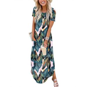 image:imageANRABESS Womens Summer Maxi Dress Short Sleeve Casual Loose Long T Shirt Dresses Split Vacation Beach Sundress Travel OutfitsLeaf Printed