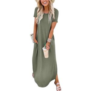image:imageANRABESS Womens Summer Maxi Dress Short Sleeve Casual Loose Long T Shirt Dresses Split Vacation Beach Sundress Travel OutfitsOlive