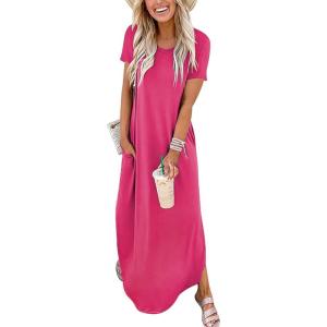 image:imageANRABESS Womens Summer Maxi Dress Short Sleeve Casual Loose Long T Shirt Dresses Split Vacation Beach Sundress Travel OutfitsPink
