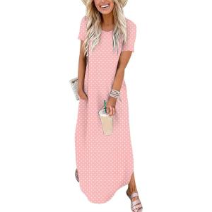 image:imageANRABESS Womens Summer Maxi Dress Short Sleeve Casual Loose Long T Shirt Dresses Split Vacation Beach Sundress Travel OutfitsPink White Dot