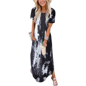 image:imageANRABESS Womens Summer Maxi Dress Short Sleeve Casual Loose Long T Shirt Dresses Split Vacation Beach Sundress Travel OutfitsTie Dye Black