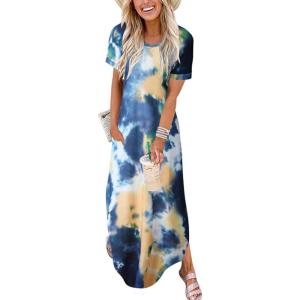 image:imageANRABESS Womens Summer Maxi Dress Short Sleeve Casual Loose Long T Shirt Dresses Split Vacation Beach Sundress Travel OutfitsTie Dye Orange
