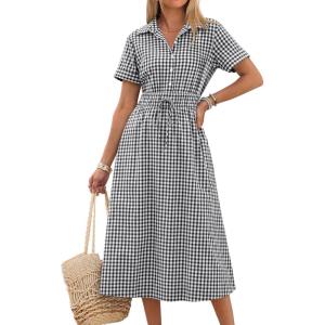 image:imageANRABESS Womens Summer Midi Dress Short Sleeve Striped Plaid Button Collar Shirt Dresses 2026 Casual Beach Vacation ClothesBlack White Plaid