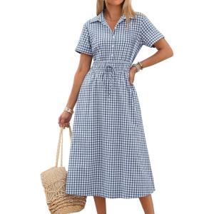 image:imageANRABESS Womens Summer Midi Dress Short Sleeve Striped Plaid Button Collar Shirt Dresses 2026 Casual Beach Vacation ClothesBlue White Plaid