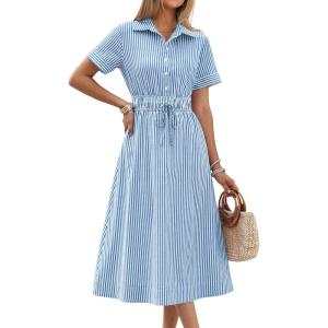 image:imageANRABESS Womens Summer Midi Dress Short Sleeve Striped Plaid Button Collar Shirt Dresses 2026 Casual Beach Vacation ClothesBlue White Stripe