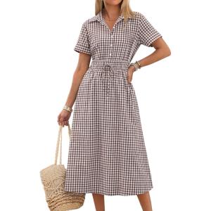 image:imageANRABESS Womens Summer Midi Dress Short Sleeve Striped Plaid Button Collar Shirt Dresses 2026 Casual Beach Vacation ClothesBrown White Plaid