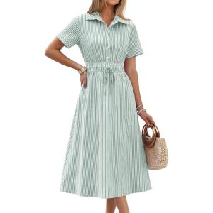 image:imageANRABESS Womens Summer Midi Dress Short Sleeve Striped Plaid Button Collar Shirt Dresses 2026 Casual Beach Vacation ClothesGreen White Stripe