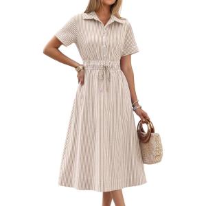 image:imageANRABESS Womens Summer Midi Dress Short Sleeve Striped Plaid Button Collar Shirt Dresses 2026 Casual Beach Vacation ClothesLight Brown White Stripe