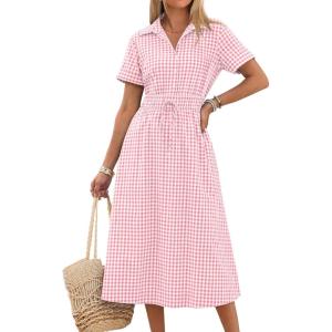 image:imageANRABESS Womens Summer Midi Dress Short Sleeve Striped Plaid Button Collar Shirt Dresses 2026 Casual Beach Vacation ClothesPink White Plaid