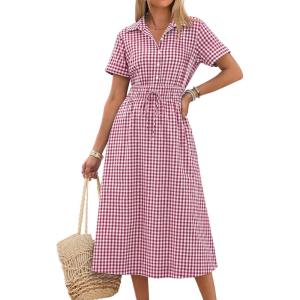 image:imageANRABESS Womens Summer Midi Dress Short Sleeve Striped Plaid Button Collar Shirt Dresses 2026 Casual Beach Vacation ClothesRed White Plaid
