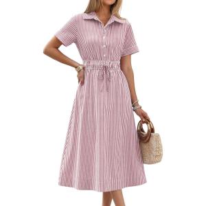 image:imageANRABESS Womens Summer Midi Dress Short Sleeve Striped Plaid Button Collar Shirt Dresses 2026 Casual Beach Vacation ClothesRed White Stripe