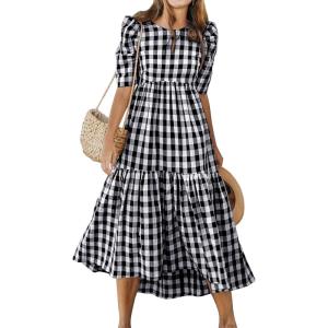 image:imageANRABESS Womens Summer Midi Dresses Casual 2026 Plaid Short Puff Sleeve High Low Flowy Beach Vacation Dress with PocketsBlack White Plaid