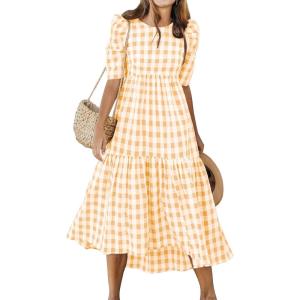 image:imageANRABESS Womens Summer Midi Dresses Casual 2026 Plaid Short Puff Sleeve High Low Flowy Beach Vacation Dress with PocketsKhaki White Plaid
